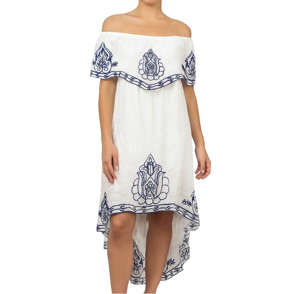 White & blue Alya White Off-Shoulder Maxi Dress with Blue Embroidery Size Small - Picture 1 of 7